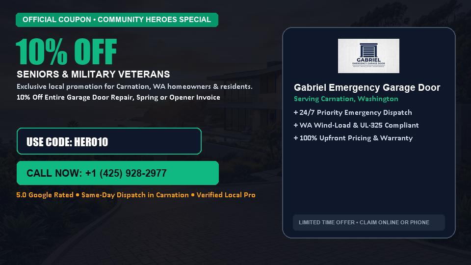 Gabriel Emergency Garage Door 10% OFF Seniors & Military Veterans in Carnation, WA